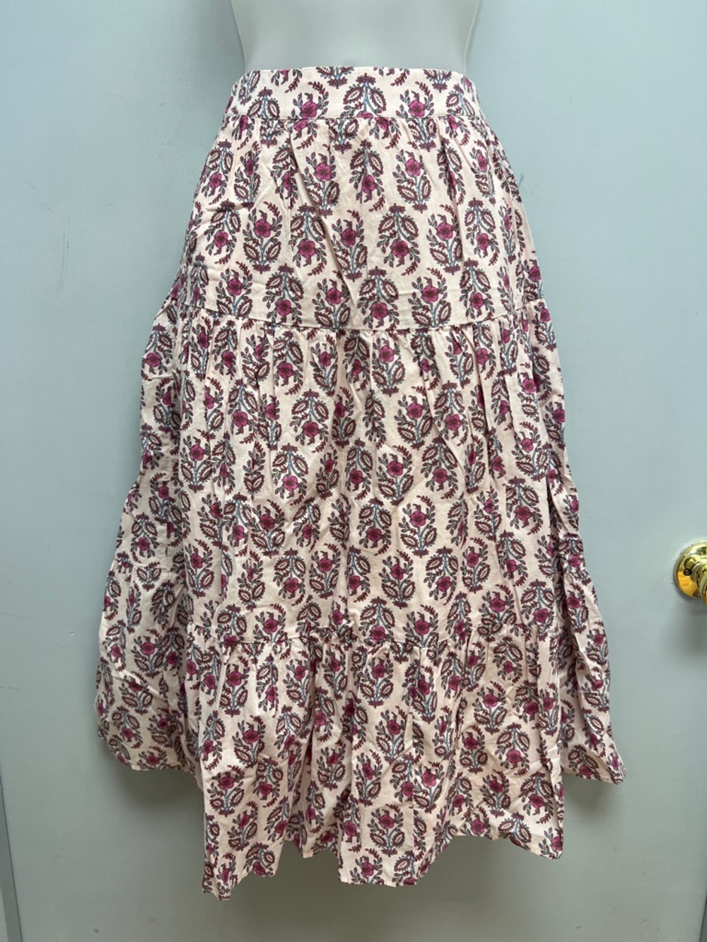 J. Crew Cream Midi Skirt with Pink Floral Print